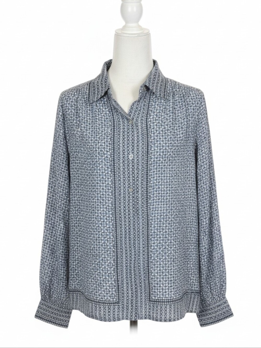 Max Studio Navy and White Geometric Long-Sleeve Button-Down Tunic Shirt SzxL
